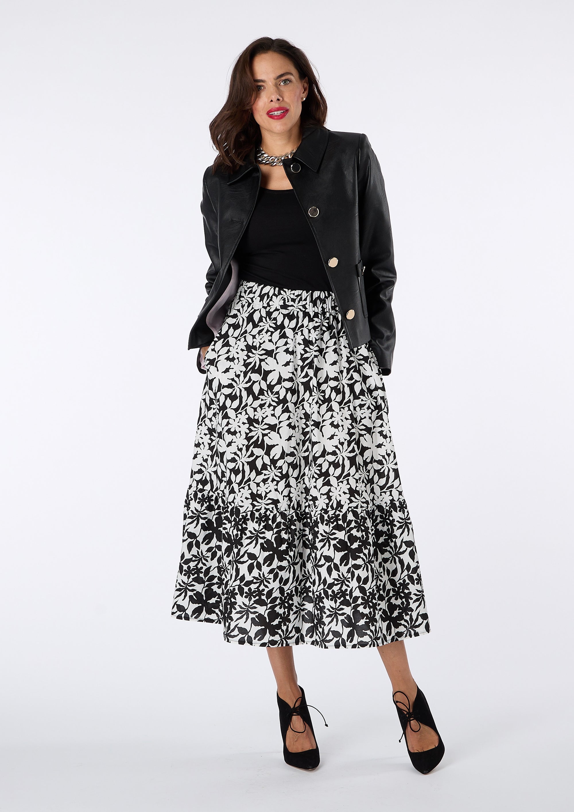 Anita Black and White Floral Midi Tiered Skirt