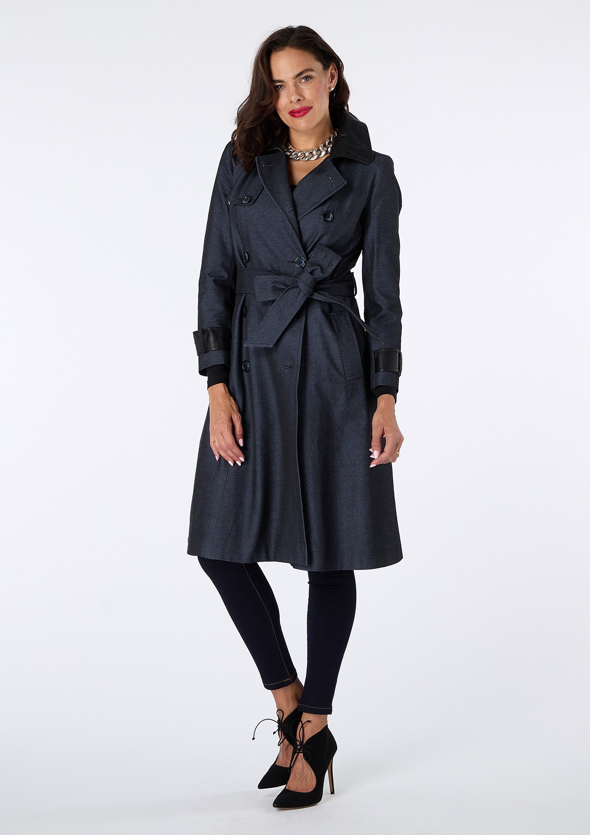 Yasmin Double-Breasted Stretch Denim Trench - size 10